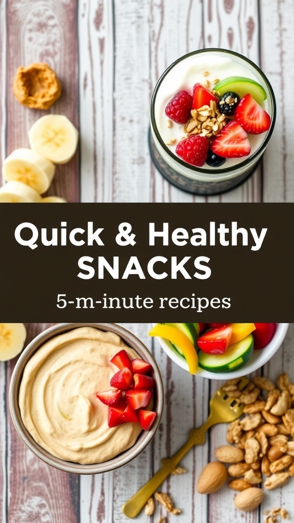 A variety of healthy snacks including bananas with almond butter, yogurt with berries, sliced vegetables with hummus, and mixed nuts on a wooden table.